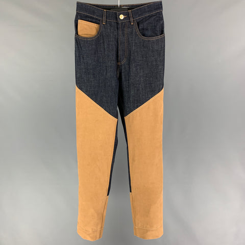 WALES BONNER FW 21 Black Sunlight Taille S Bleu Tan Color Block Coton Cachemire Jean taille haute
