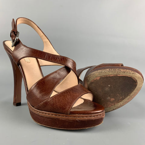 PRADA Size 8 Brown Leather Platform Sandals