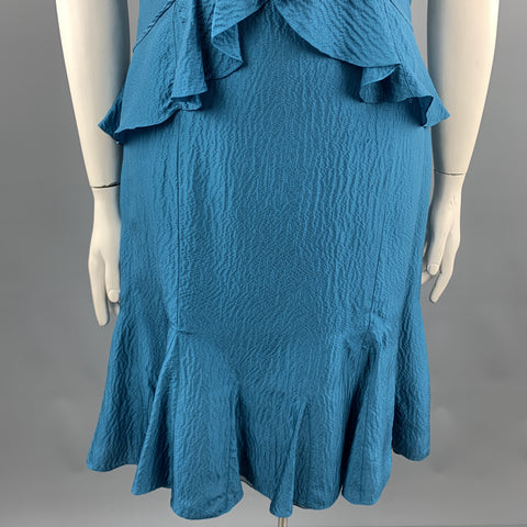 CAROLINA HERRERA Size 12 Teal Textured Ruffle V Neck Dress
