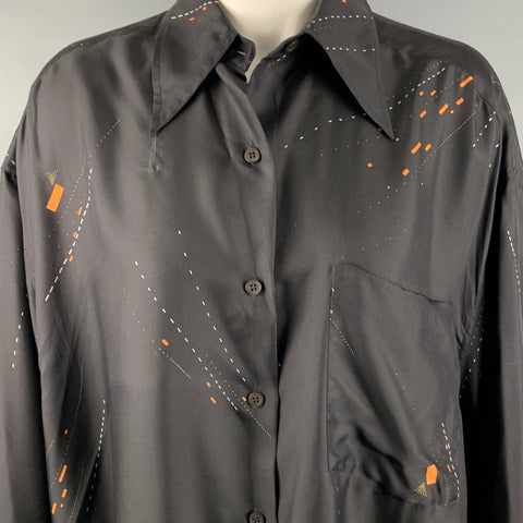 DRIES VAN NOTEN Size XS Black Orange White Silk Print Tunic Shirt