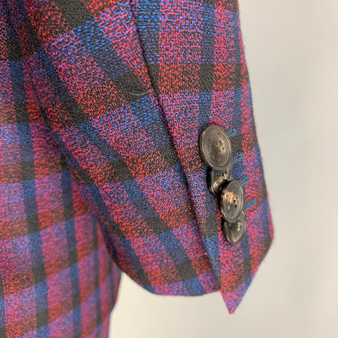 ETRO Chest Size 48 Navy Red Checkered Wool Single Breasted 37 31 Suit