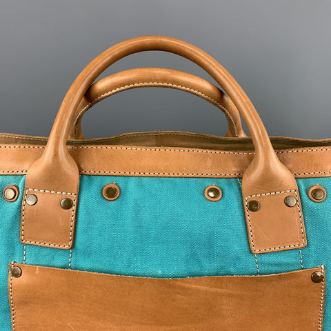 COLE HAAN Aqua & Navy Canvas Leather Two Tone Tote Bag