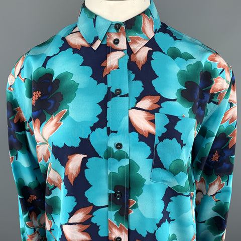 KENZO Size L Aqua Floral Leafs Silk Long Sleeve Shirt