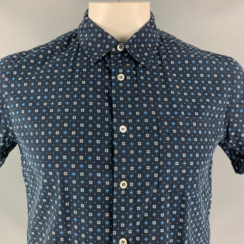 A.P.C. Size L Navy Geometric Cotton &  Silk Button Down Short Sleeve Shirt