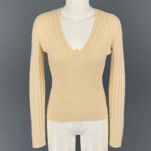 RALPH LAUREN Black Label Size M Cream Cashmere Cable Knit V-Neck Sweater
