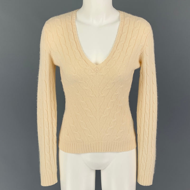 RALPH LAUREN Black Label Size M Cream Cashmere Cable Knit V-Neck Sweater