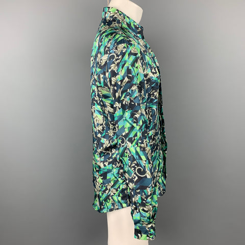 VERSACE COLLECTION Trend Size S Green & Navy Print Silk Hidden Buttons Long Sleeve Shirt