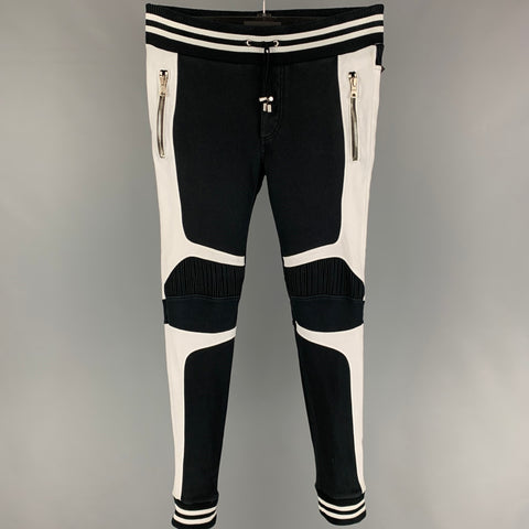 BALMAIN Size M Black White Ribbed Cotton Joggers Pants