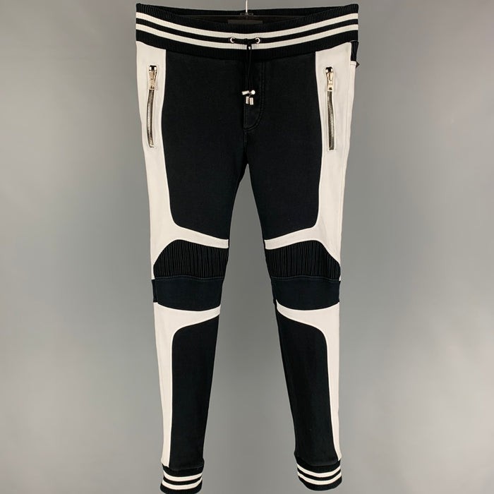 BALMAIN Size M Black White Ribbed Cotton Joggers Pants