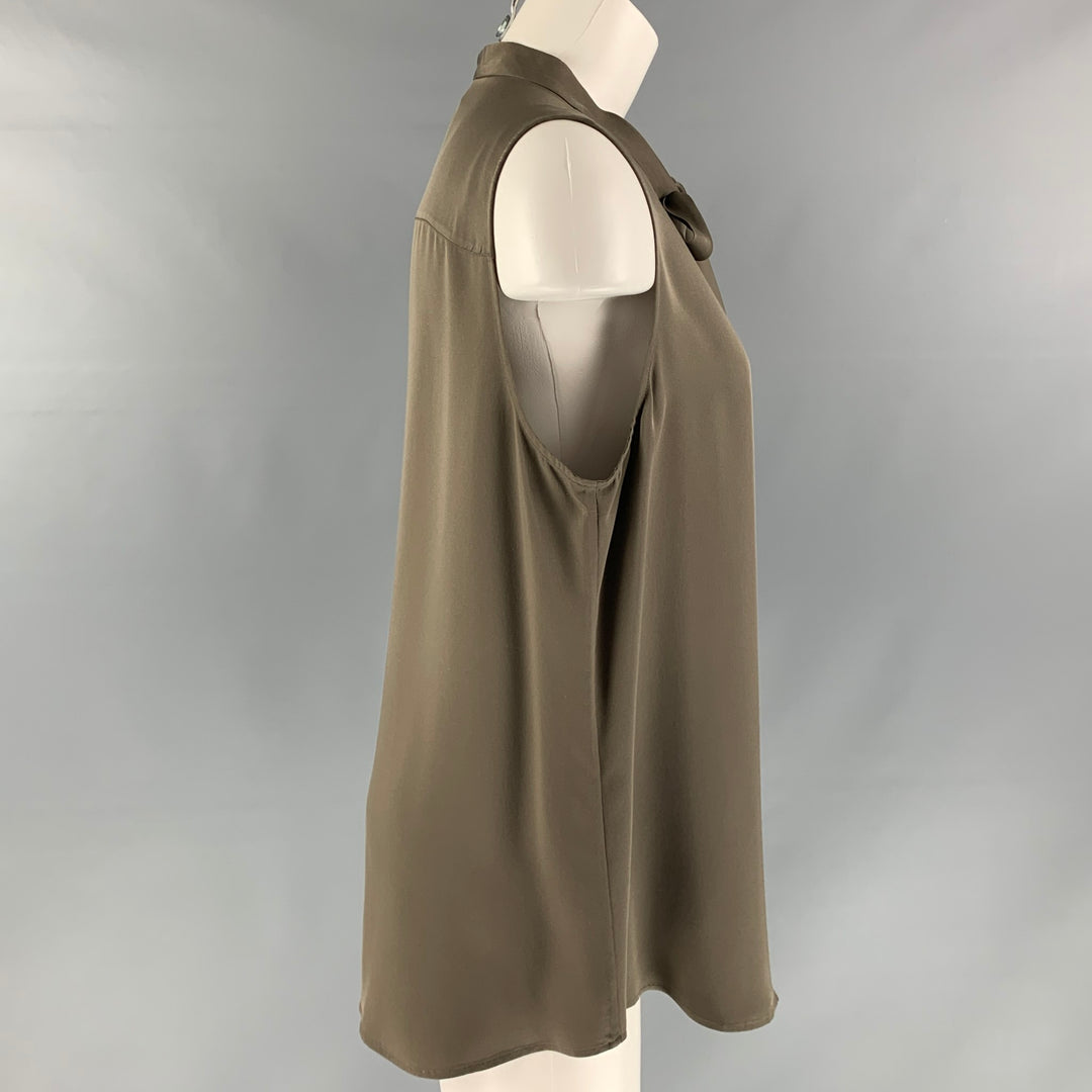 THEORY Size L Olive Silk Solid Sleeveless Blouse