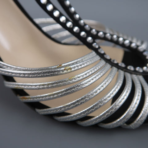 CHRISTIAN DIOR Size 9.5 Black & Silver Silk & Leather Rhinestone T Strap Sandals