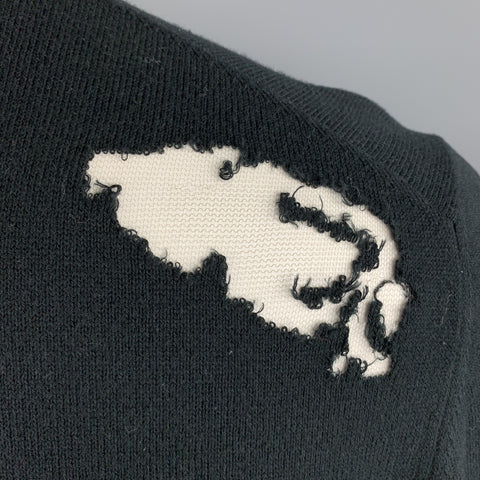 MAISON MARGIELA Size L Black Distressed Cotton Blend Contrast Stripe Trim Pullover Sweater