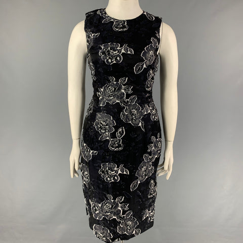 PRABAL GURUNG Size 10 Black Navy Silk Polyester Floral Sleeveless Dress