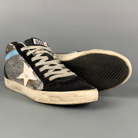 GOLDEN GOOSE Size 7 Silver & Black Suede Mid Star Sneakers