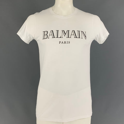 BALMAIN Size L White & Black Logo Cotton Crew-Neck T-shirt