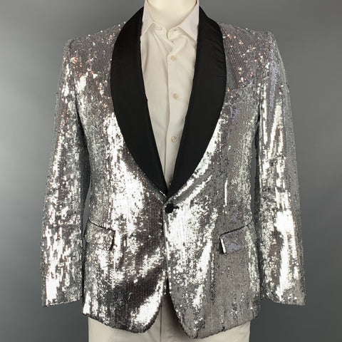 DOLCE & GABBANA Size 42 Regular Silver & Black Sequined Polyester / Silk Shawl Collar Sport Coat