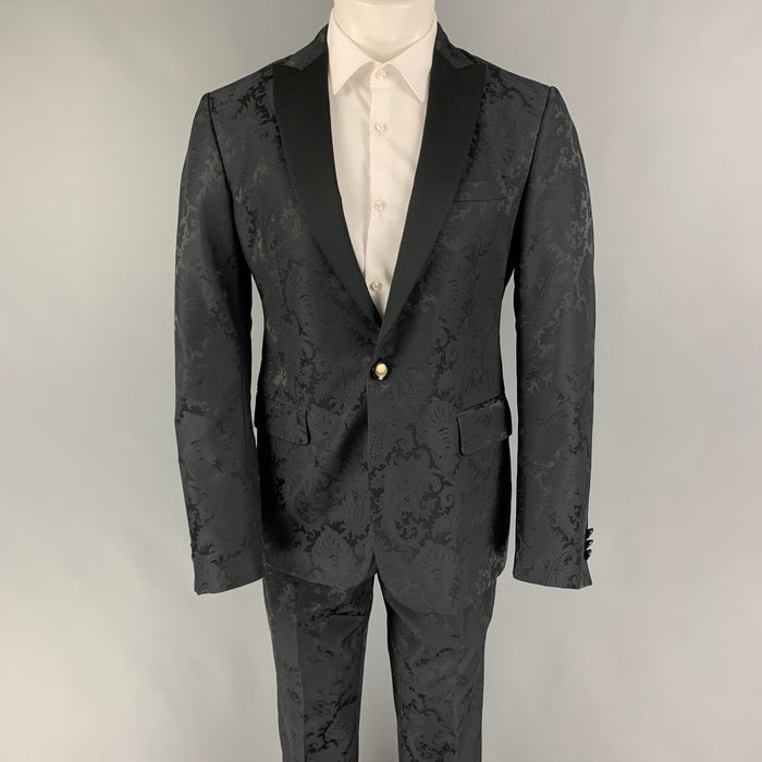 ETRO Size 38 Black Jacquard Wool Viscose Blend Peak Lapel Tuxedo Suit