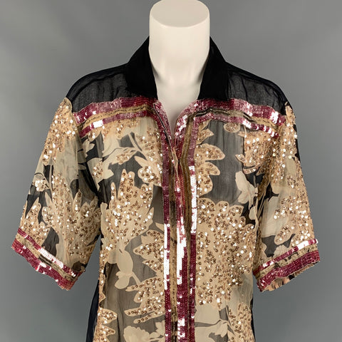 DRIES VAN NOTEN Size M Black & Gold Sequined Silk Blouse