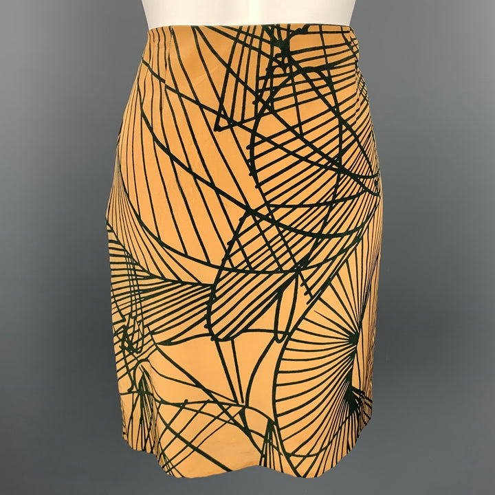 DRIES VAN NOTEN Size 4 Gold & Black Silk Print A-Line Skirt