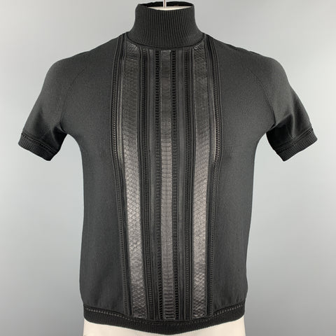 ROBERTO CAVALLI Size M Black Wool Blend Snakeskin Trim Short Sleeve Pullover