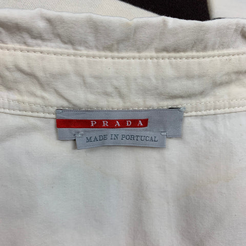 PRADA Size L Beige & Brown Stripe Short Sleeve Polo