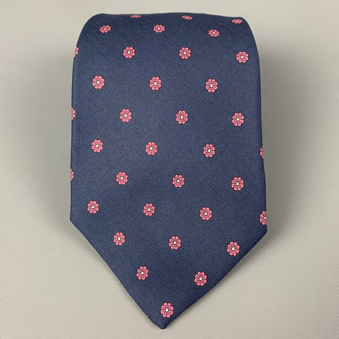 PAUL STUART Navy Pink Floral Silk Tie