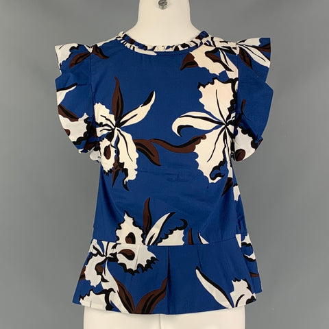 MARNI Size 0 Blue &  White Cotton Floral Sleeveless Blouse