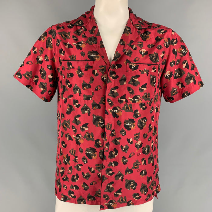 LANVIN Size M Burgundy & Black Print Silk Camp Short Sleeve Shirt
