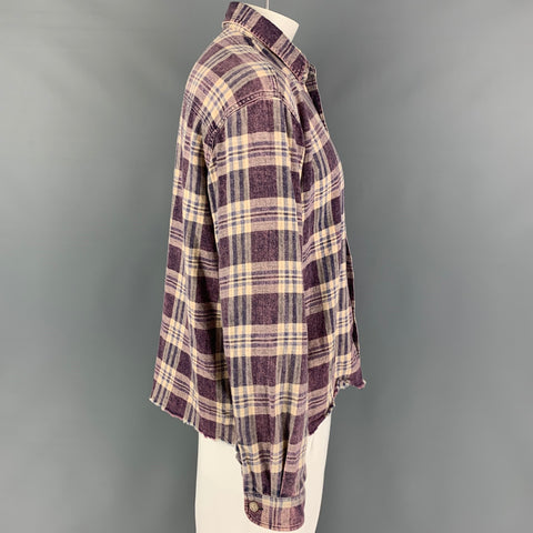 JOHN ELLIOTT Size M Purple Beige Plaid Cotton Cropped Long Sleeve Shirt