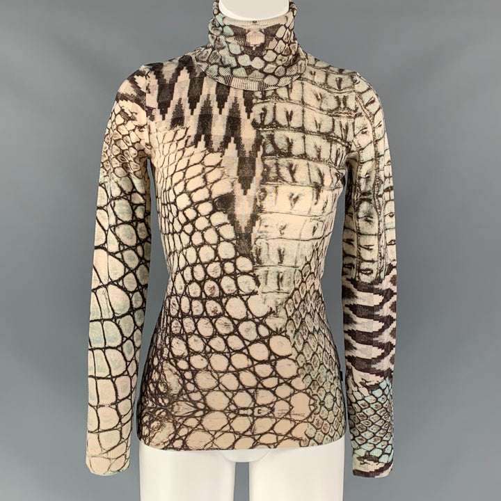 JUST CAVALLI Size 4 Taupe Cream Wool Snake skin print Pullover