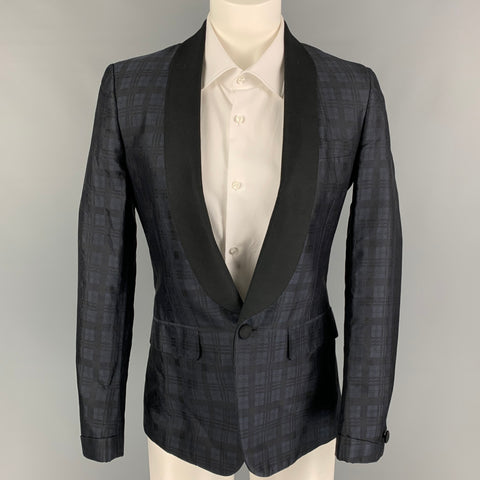 BAND OF OUTSIDERS Talla 34 Abrigo deportivo con cuello chal de seda a cuadros azul marino negro