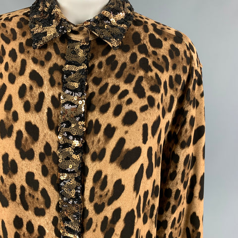 DOLCE &amp; GABBANA Talla L Camisa con tapeta oculta y estampado animal en mezcla de viscosa marrón tostado