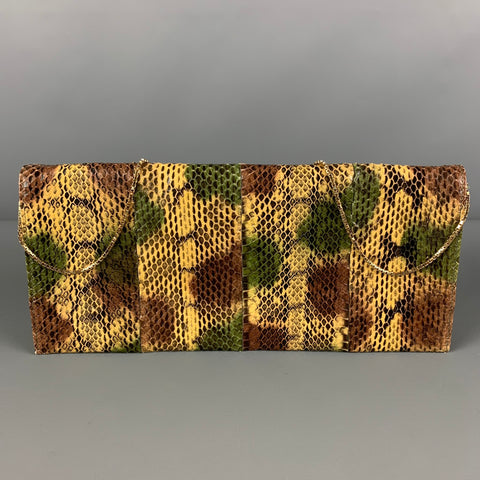 LEU LOCATI Green Beige Snake Skin Clutch Handbag