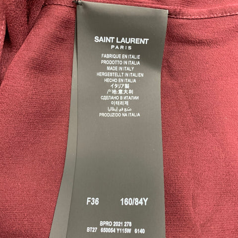 SAINT LAURENT SS 2021 Size 4 / 36 Burgundy Sheer Silk Crepe Turtleneck Blouse