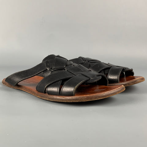 vintage YVES SAINT LAURENT par TOM FORD Taille 10 Noir &amp; Tan Tissé Cuir Slip On Sandales