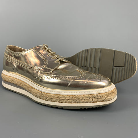 PRADA Size 10 Gold Metallic Leather Platform Lace Up Shoes