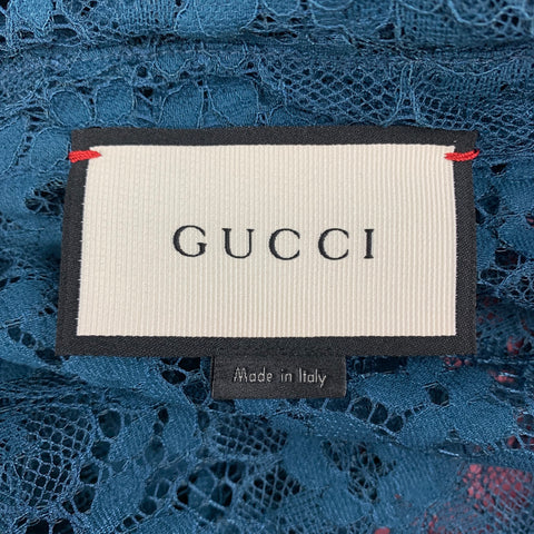 GUCCI SS 16 Size L Teal Lace Polyamide Cotton Button Up Long Sleeve Shirt