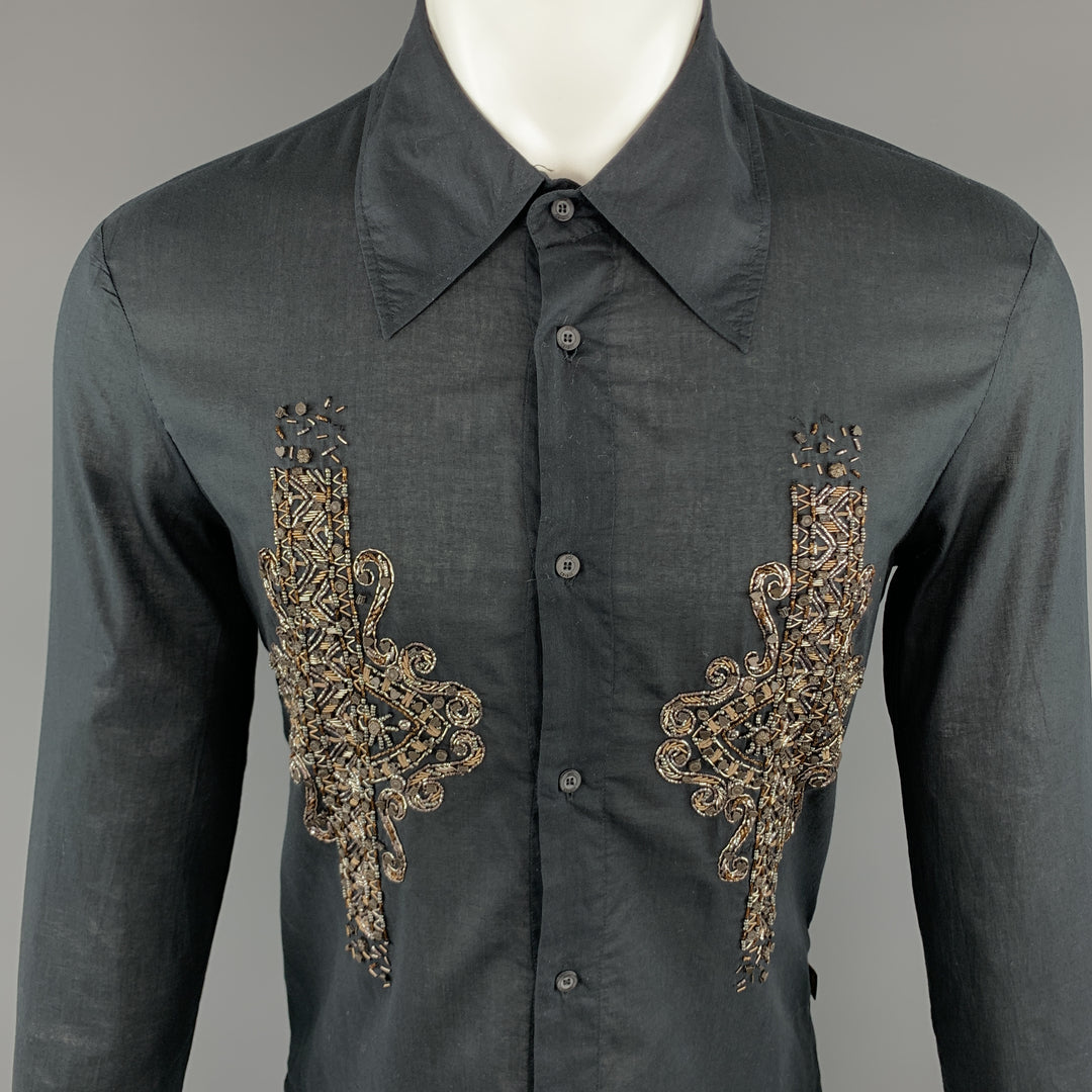 JUST CAVALLI Size M Embellishment Black Cotton Button Up Wide Pointed Collar Long Sleeve Shirt