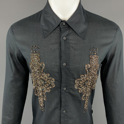 JUST CAVALLI Taille M Embellissement Coton Noir Boutonné Large Col Pointu Chemise à Manches Longues