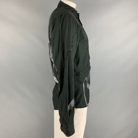 ROBERTO CAVALLI Size XL Black Grey Embroidery Cotton Button Up Long Sleeve Shirt