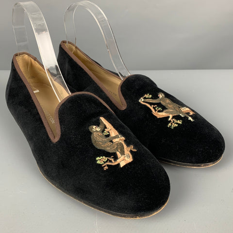 STUBBS & WOOTTON Size 10.5 Black Brown Embroidery Velvet Slip On Loafers