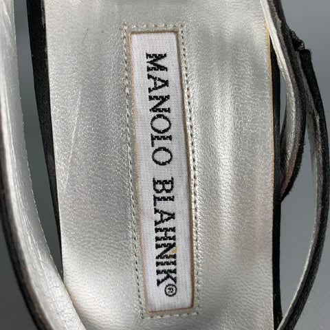MANOLO BLAHNIK Size 8 Black Satin Solid Ankle Strap Pumps