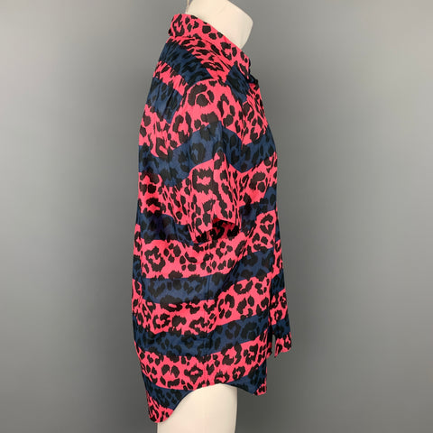 MARC by MARC JACOBS Size L Pink & Navy Leopard  Print Cotton Short Sleeve Shirt