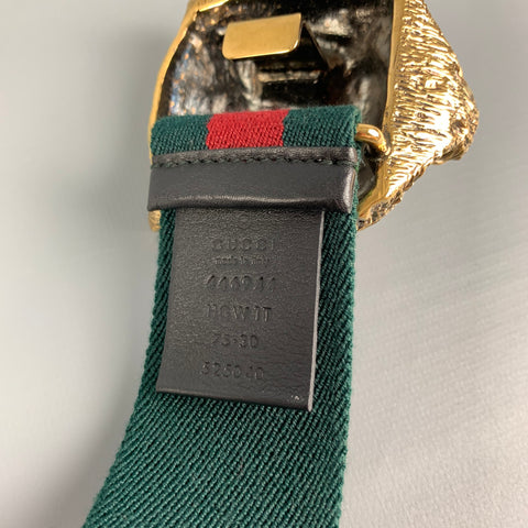 GUCCI Green Red Gold Stripe Fabric Brass Feline Head Belt