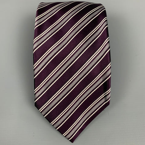 BRIONI Eggplant & White Stripe Silk / Cotton Tie