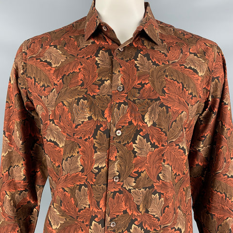 BURBERRY PRORSUM Fall 2008 Size L Brown & Black Leaf Print Cotton Button Down Long Sleeve Shirt