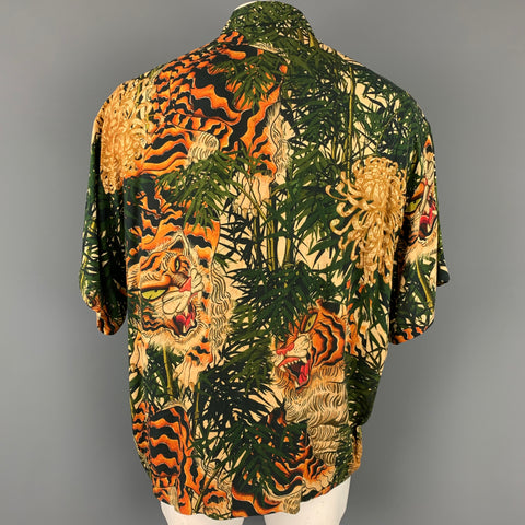 DSQUARED2 Size L Olive & Orange Tiger Print Viscose Zip Up Long Sleeve Shirt