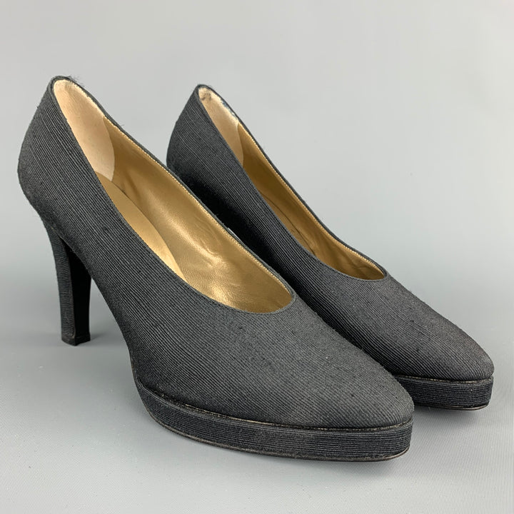 YVES SAINT LAURENT Size 7 Black Textured Fabric Platform Pumps