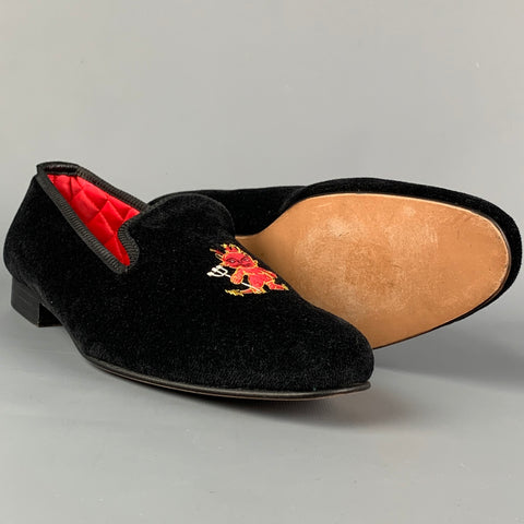 CROCKETT & JONES Size 8 Black Cheeky Devil Embroidery Velvet Slip On Loafers