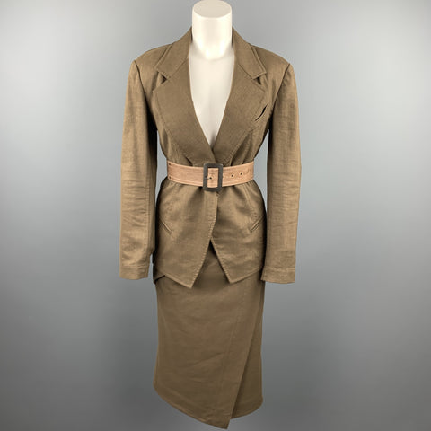 DONNA KARAN Size 4 Olive Twill Wool / Linen Draped Skirt